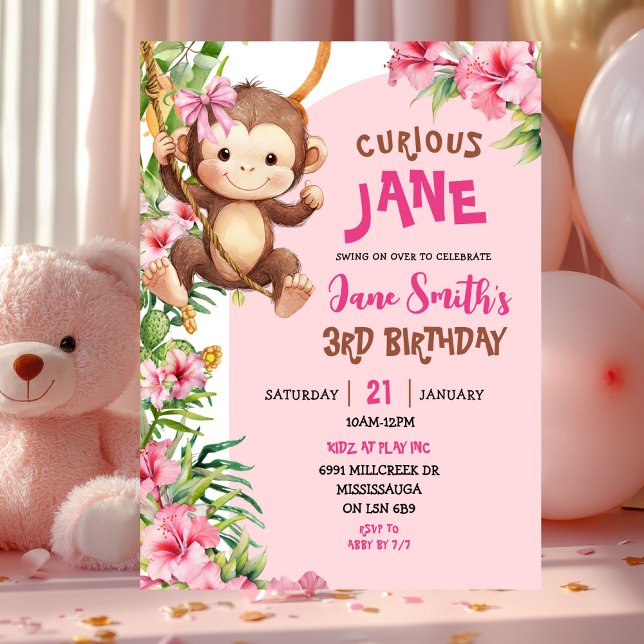 Convites Aniversário Tema Safari Macaco Curioso Rosa (Criador carregado)