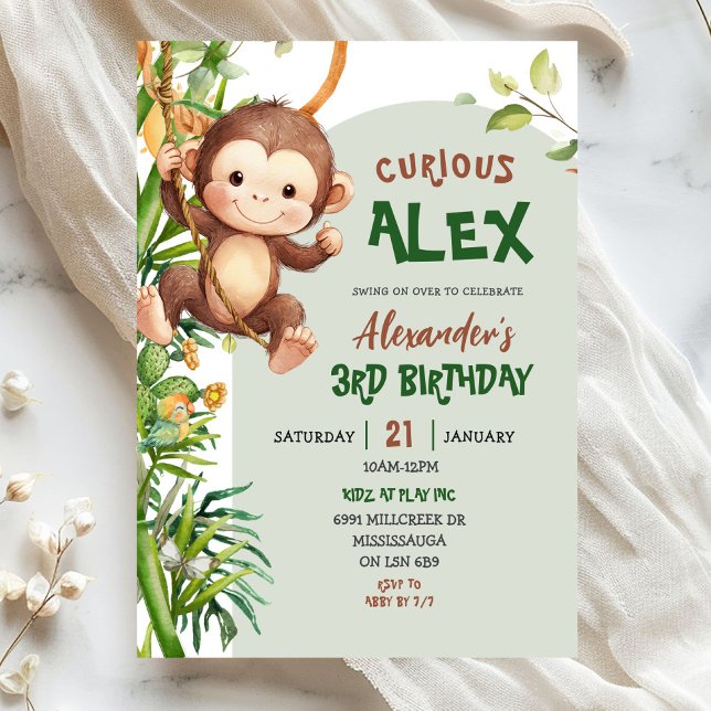 Convites Aniversário Tema Safari Macaco Curioso Verde (Criador carregado)