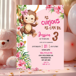 Convites Aniversário Tema Savannah Macaco Curioso Rosa