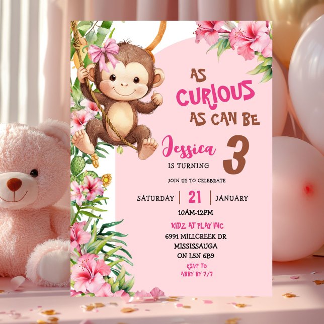 Convites Aniversário Tema Savannah Macaco Curioso Rosa (Criador carregado)