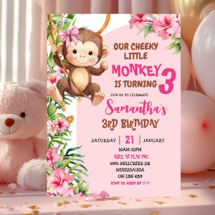 Convites Aniversário Tema Savannah Macaco Rosado Travesso