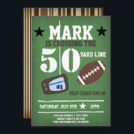 Convites Aniversário temático do futebol 50th<br><div class="desc">Adicione seu fraseio feito sob encomenda a este design usando "editam as caixas deste modelo do design" no lado de righthand do artigo, ou clicam o azul "personalizam-no" botão para arranjar o texto, mudam-nos as pias batismais e as cores e para adicionar igualmente a informações adicionais ou as imagens a...</div>