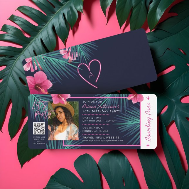 Convites Aniversário Tropical de Neon Rosa Elétrica (Electric Neon Pink Tropical Destination Birthday Invitation)