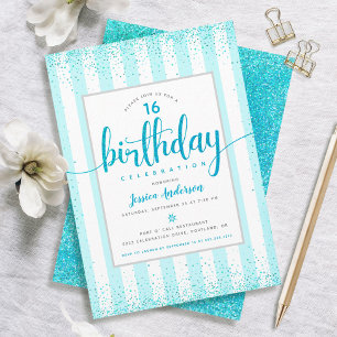 Convites Aniversário turquesa brilho pontos script ano pers