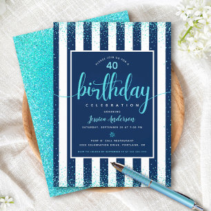 Convites Aniversário turquesa brilho script azul personaliz