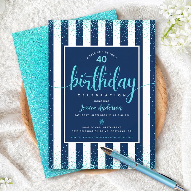 Convites Aniversário turquesa brilho script azul personaliz (Criador carregado)