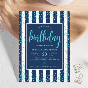 Convites Aniversário turquesa script brilho pontos azul mar