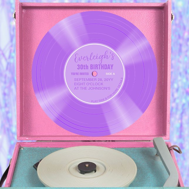 Convites Aniversário Único do Registro de Vinilo Púrpura Li (Lilac purple color vinyl record pop birthday invitation with lilac purple label)