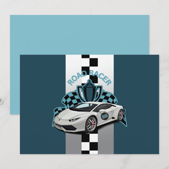 Convites Aniversário verde de corrida, preto e branco (Frente/Verso)