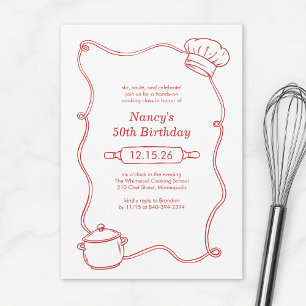 Convites Aniversário Vermelho de Aula de Culinária Desenhad