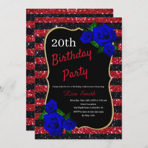 Convites Aniversário Vermelho Rosas Azuis Profundos