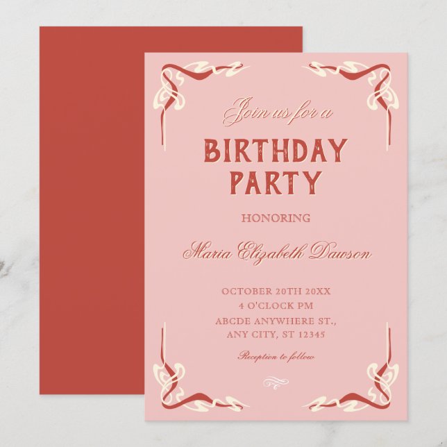 Convites Aniversário vintage retrô rosa (Frente/Verso)