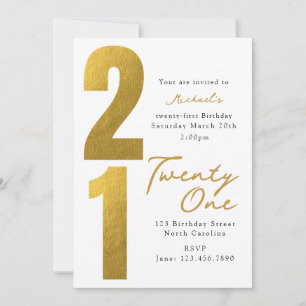 Convites Aniversário Vinte e Um 21º Branco Dourado Moderno