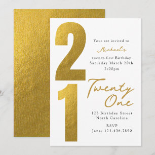 Convites Aniversário Vinte e Um 21º Branco Dourado Moderno