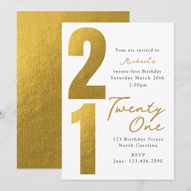 Convites Aniversário Vinte e Um 21º Branco Dourado Moderno (Frente/Verso)
