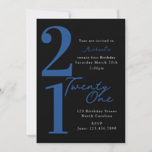 Convites Aniversário Vinte e Um 21º Preto Azul Moderno