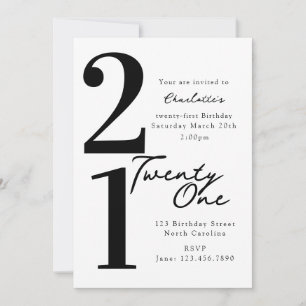 Convites Aniversário Vinte e Um 21º Preto Branco Moderno