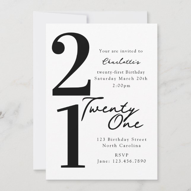 Convites Aniversário Vinte e Um 21º Preto Branco Moderno (Frente)