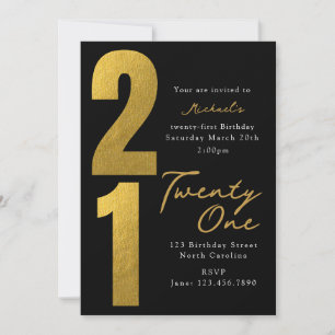Convites Aniversário Vinte e Um 21º Preto Dourado Moderno
