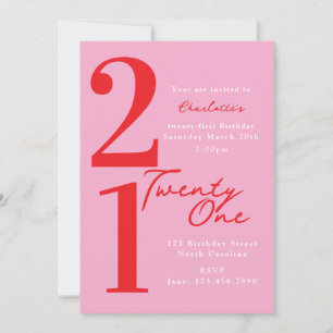 Convites Aniversário Vinte e Um 21º Rosa Vermelho Moderno