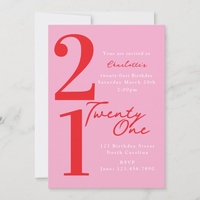 Convites Aniversário Vinte e Um 21º Rosa Vermelho Moderno (Frente)