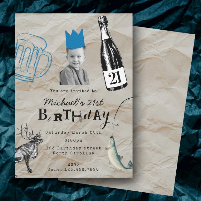 Convites Aniversário Vinte e Um 21 Personalizado com Foto d (Twenty First 21st Birthday Custom Photo Modern Man Invitation)