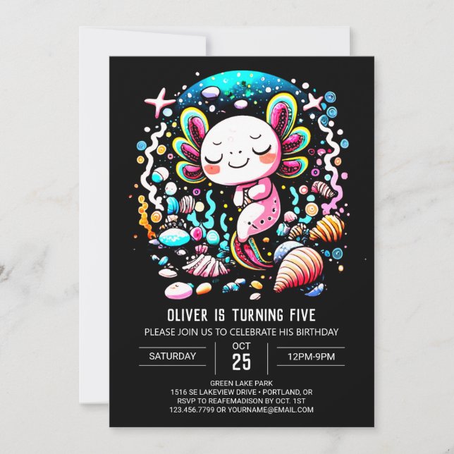 Convites Aniversário Whimsical Axolotl Infantil (Frente)
