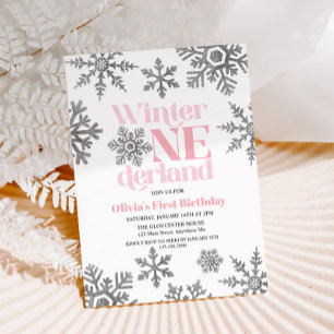 Convites Aniversário Winter Onederland Rosa Floco de Neve P