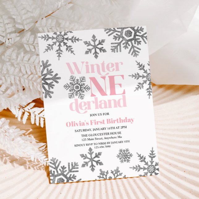 Convites Aniversário Winter Onederland Rosa Floco de Neve P (Criador carregado)