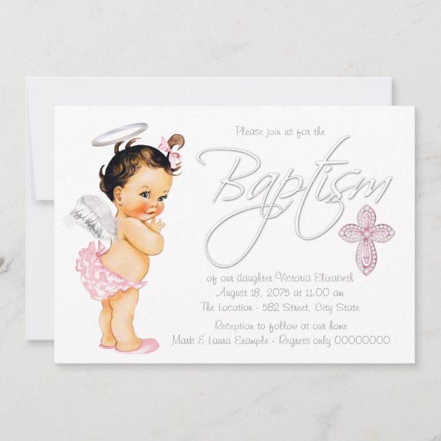 Convites Anjo Bebê Menina Batismo Rosa Cinza (Frente)