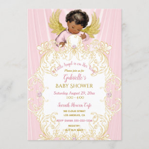 Convites Anjo Bebê Rosa Ouro Menina Afro-Americana
