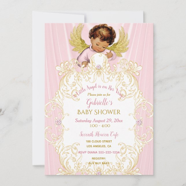 Convites Anjo Bebê Rosa Ouro Menina Étnica (Frente)
