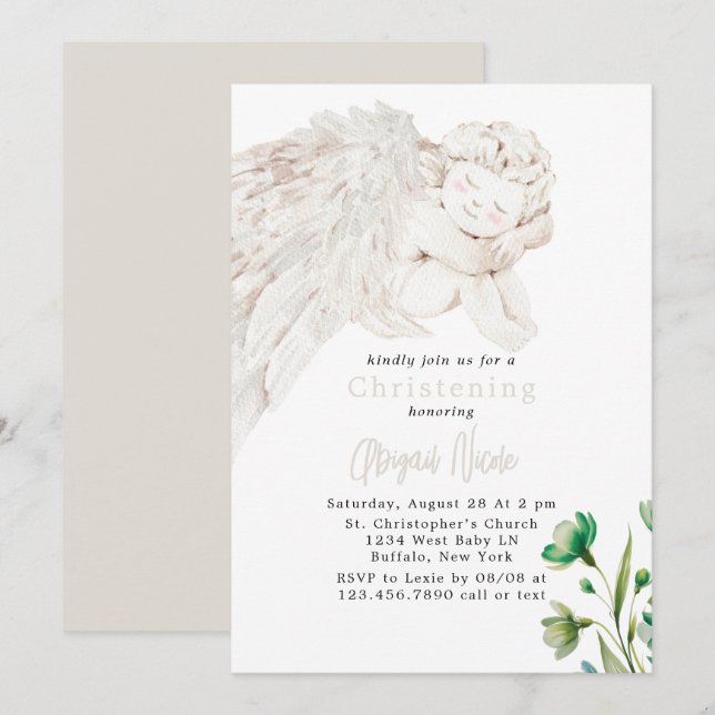 Convites Anjo com Asas Verde Floral Batismo  (Frente/Verso)