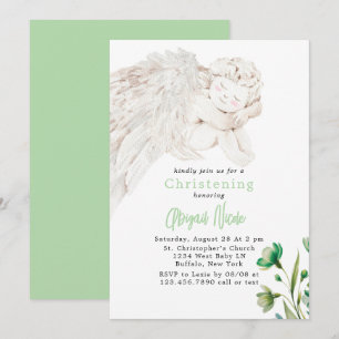 Convites Anjo com Asas Verde Floral Batismo