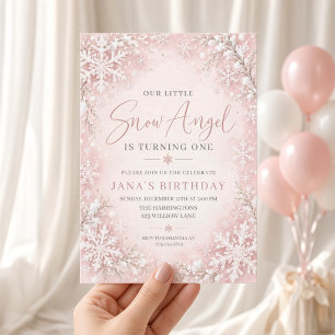 Convites Anjo de Neve Rosa Corado Inverno Primeiro Aniversá