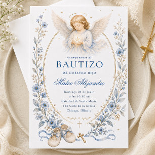 Convites Anjo do Batismo Floral Aguarela Azul Lembrança