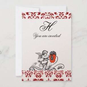 CONVITES ANJO PINTANDO UM MONOGRAMA DE DAMASCO DE FLOR VERM