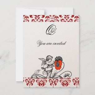 CONVITES ANJO PINTANDO UM MONOGRAMA DE DAMASCO DE FLOR VERM