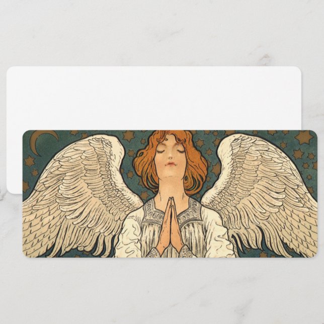 Convites Anjo Religioso Antigo Rezando com Estrelas Dourada (Frente/Verso)