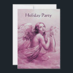 CONVITES ANJO TOCANDO LIRA SOBRE AS NUVENS<br><div class="desc">Design elegante,  artístico e clássico pintura em aquarela em cores branco rosa roxo fúcsia reelaborada a partir da arte fina italiana do século XVIII. Versão de papel metálico champanhe.</div>