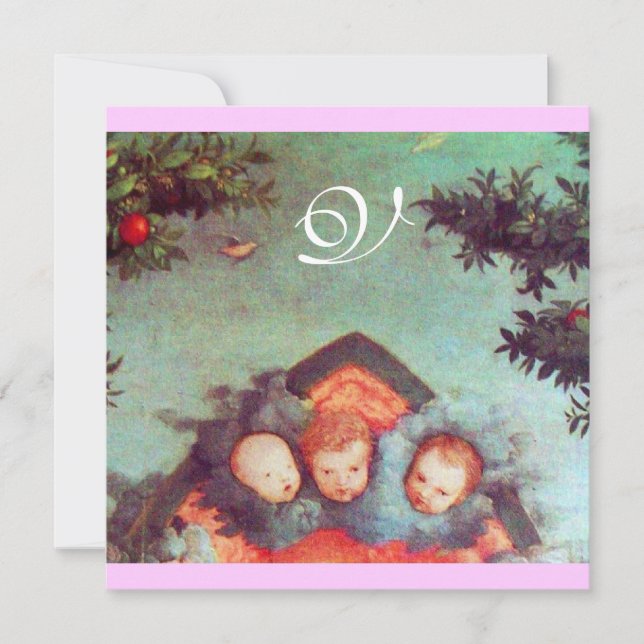 Convites ANJOS PEQUENOS MONOGRAMA azul antigo brilhante ros (Frente)