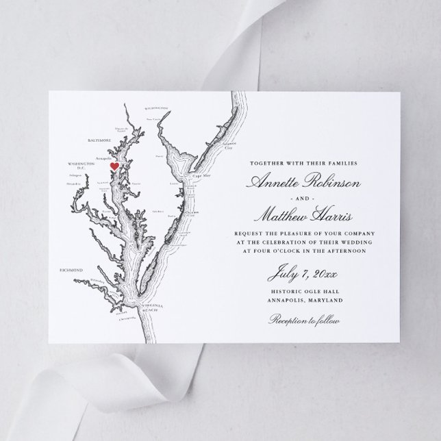 Convites Annapolis Maryland Casamento Negro e Branco Elegan (Annapolis Maryland Elegant black and white map wedding invitation with the Chesapeake Bay)