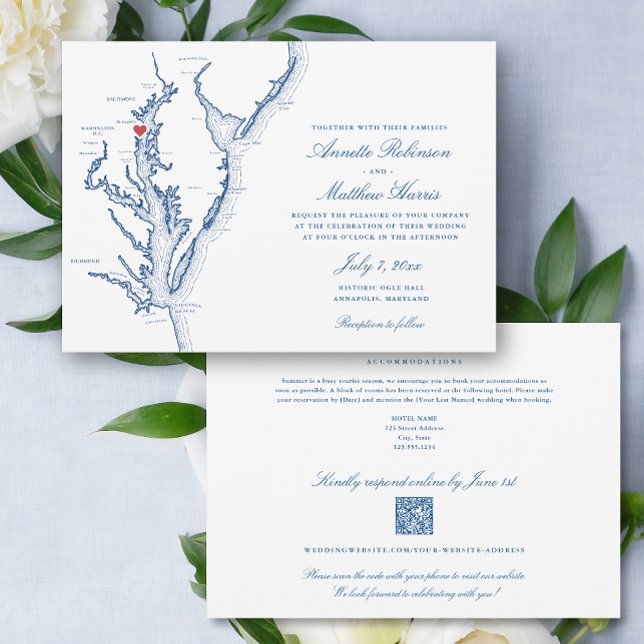 Convites Annapolis Maryland Código QR all-in-one RSVP Weddi (Annapolis Maryland Elegant QR Code RSVP all-in-one wedding invitation with elegant navy blue map)