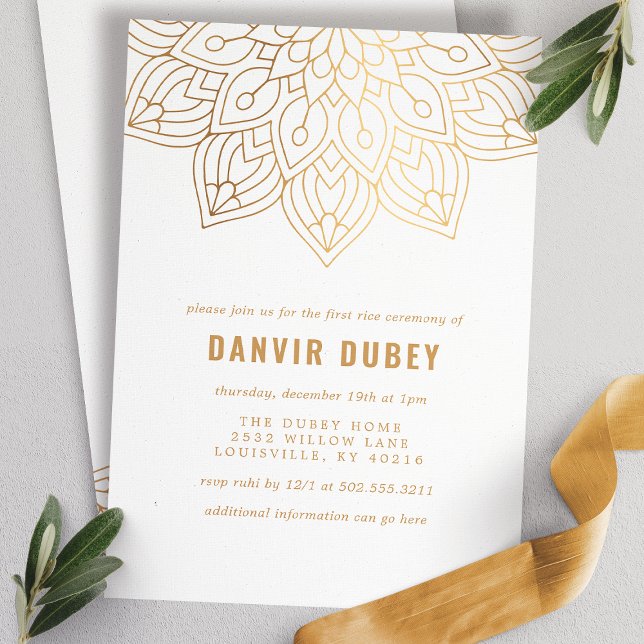 Convites Annaprashan Dourado Branco Mandala Cerimônia do Pr (Criador carregado)