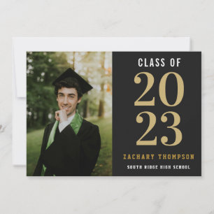 Convites Ano de Classe de Graduação Preto e Dourado com Fot