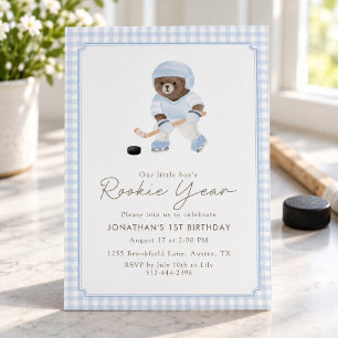 Convites Ano de Novato de Hockey Xadrez Azul Teddy Bear 1º