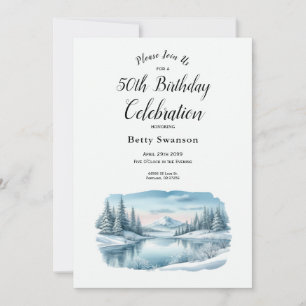 Convites Ano Editável Snowy Mountain Winter Lake Birthday
