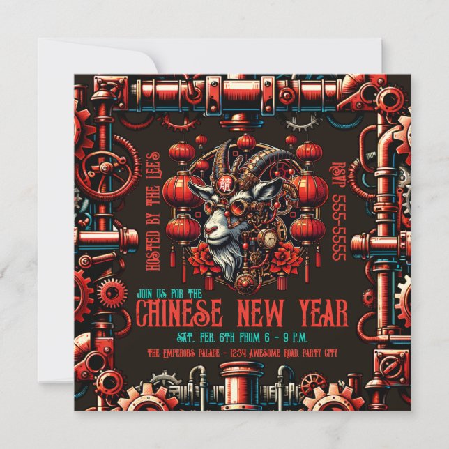 Convites Ano Novo Chinês Steampunk do Bode (Frente)