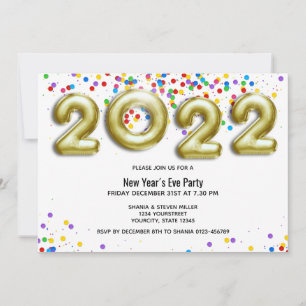 Convites Ano Novo Dourado 2022 Balão Colorido Confete Festa
