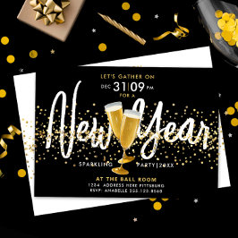 Convites Ano Novo Elegante Champanhe Dourado Confetes Preto